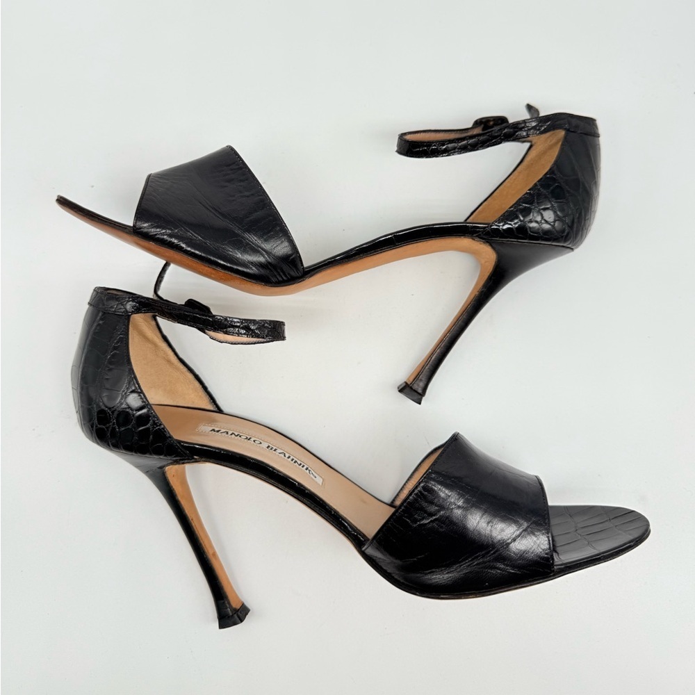 Manolo Blahnik Black Crocodile embossed leather strappy high heel sandals EU 39 - Picture 4 of 7
